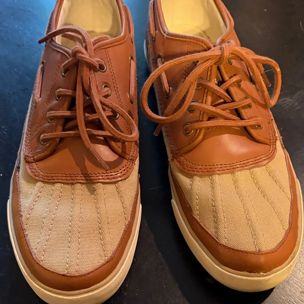 Polo by Ralph Lauren Tan Canvas with Brown Leather Trim Boat Shoes